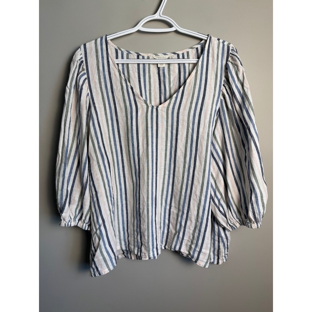 Caslon Womens Multicolor Striped Top XL Coastal Nautical Puff Sleeve Boho